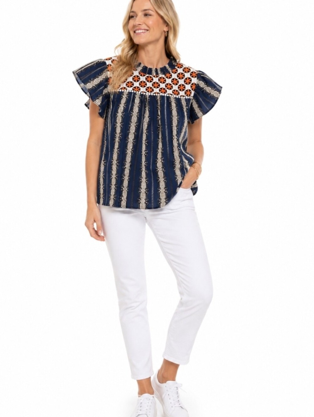 THML Shortsleeve Top Blue Orange Boho Bohemian Festival Seashells Horsebit Sz S